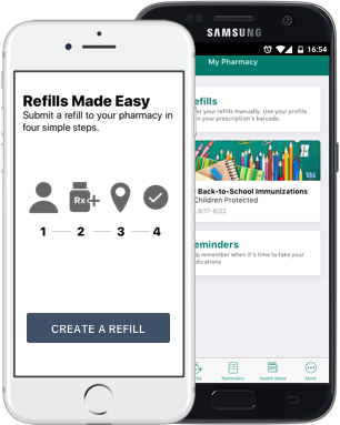 PocketRx mobile app screens showing prescription refills and pharmacy information